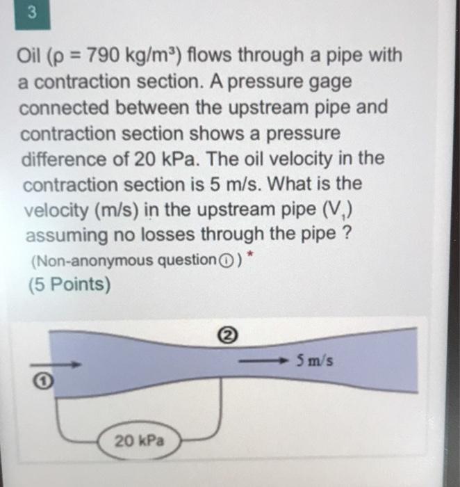 Solved 3 Oil (p = 790 kg/mº) flows through a pipe with a | Chegg.com