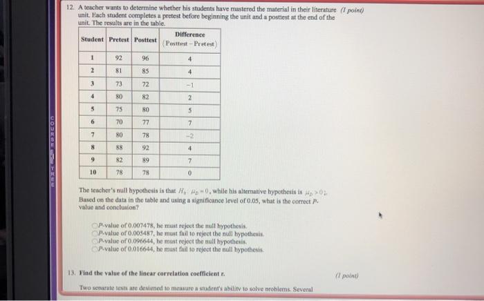 Solved 12. A Teacher Wants To Determine Whether His Students | Chegg.com