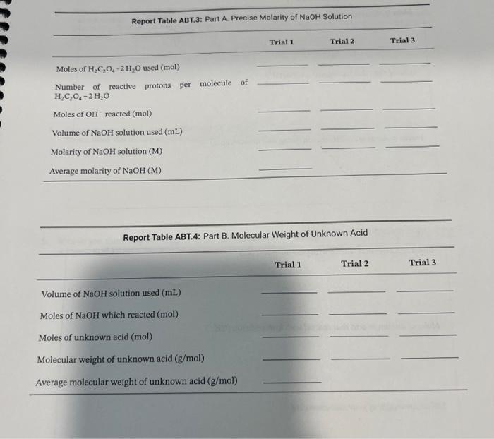 Solved Report Table ABT.1: Part A. Mass and volume data for | Chegg.com