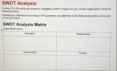 SWOT AnalysisIn about 75-100 ﻿words per quadrant, | Chegg.com