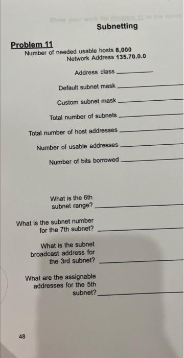 Solved Subnetting Problem 11 Number of needed usable hosts | Chegg.com