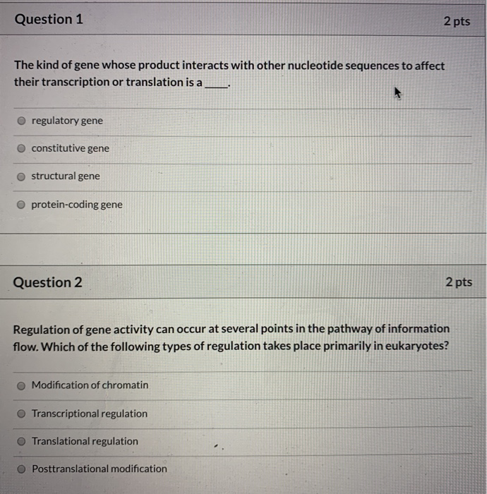Solved Question 1 2 pts The kind of gene whose product | Chegg.com