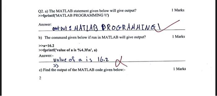 Solved Q2. a) The MATLAB statement given below will give | Chegg.com