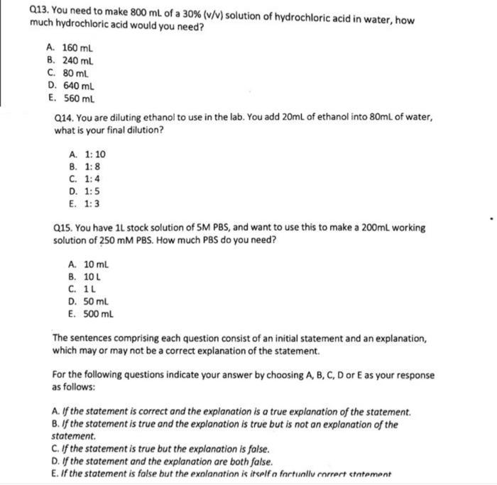 Solved Q13 You Need To Make 800 Ml Of A 30 V V Solution Chegg Com
