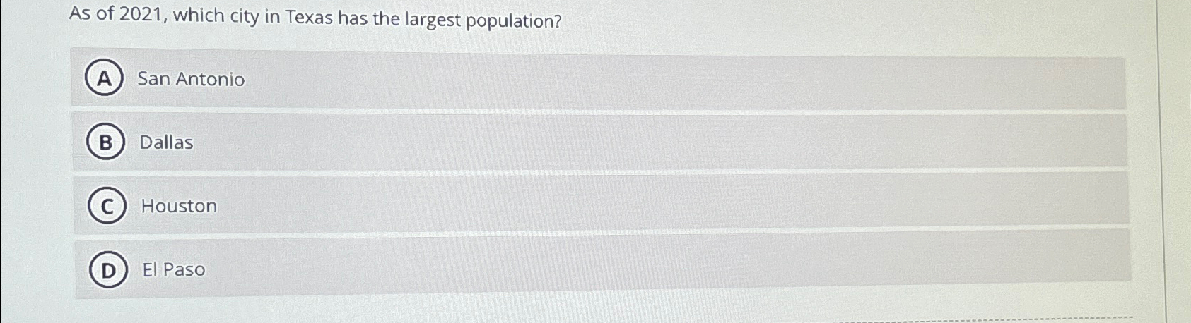 Solved As of 2021, ﻿which city in Texas has the largest | Chegg.com