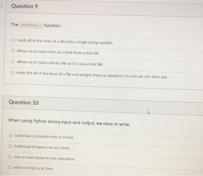 Solved Question 9 The readlines() function... reads all of | Chegg.com