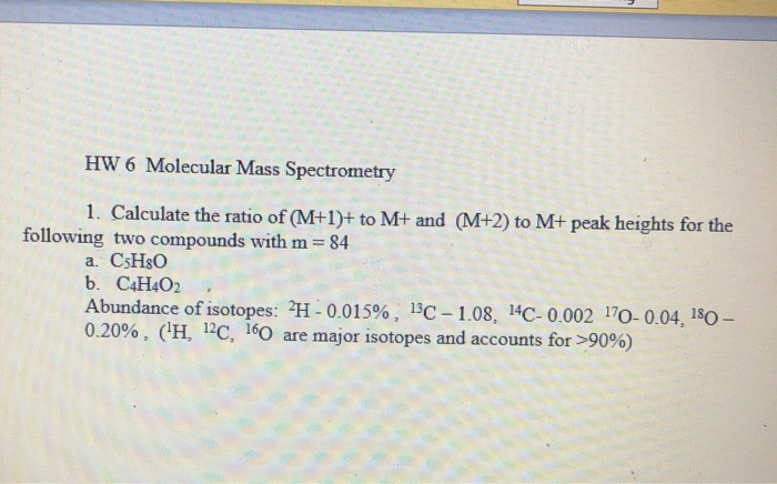 Solved HW 6 Molecular Mass Spectrometry 1. Calculate the | Chegg.com