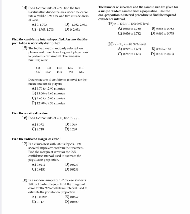 Solved 14 For A T Curve With Df 27 Find The Two T Values Chegg Com