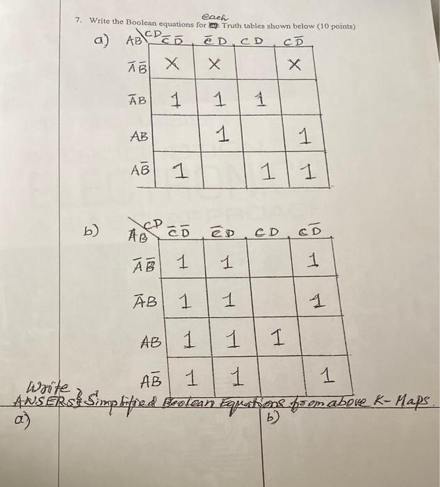 Solved each 7. Write the Boolean equations for me Truth | Chegg.com
