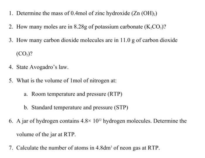 Solved 1. Determine the mass of 0.4mol of zinc hydroxide (Zn