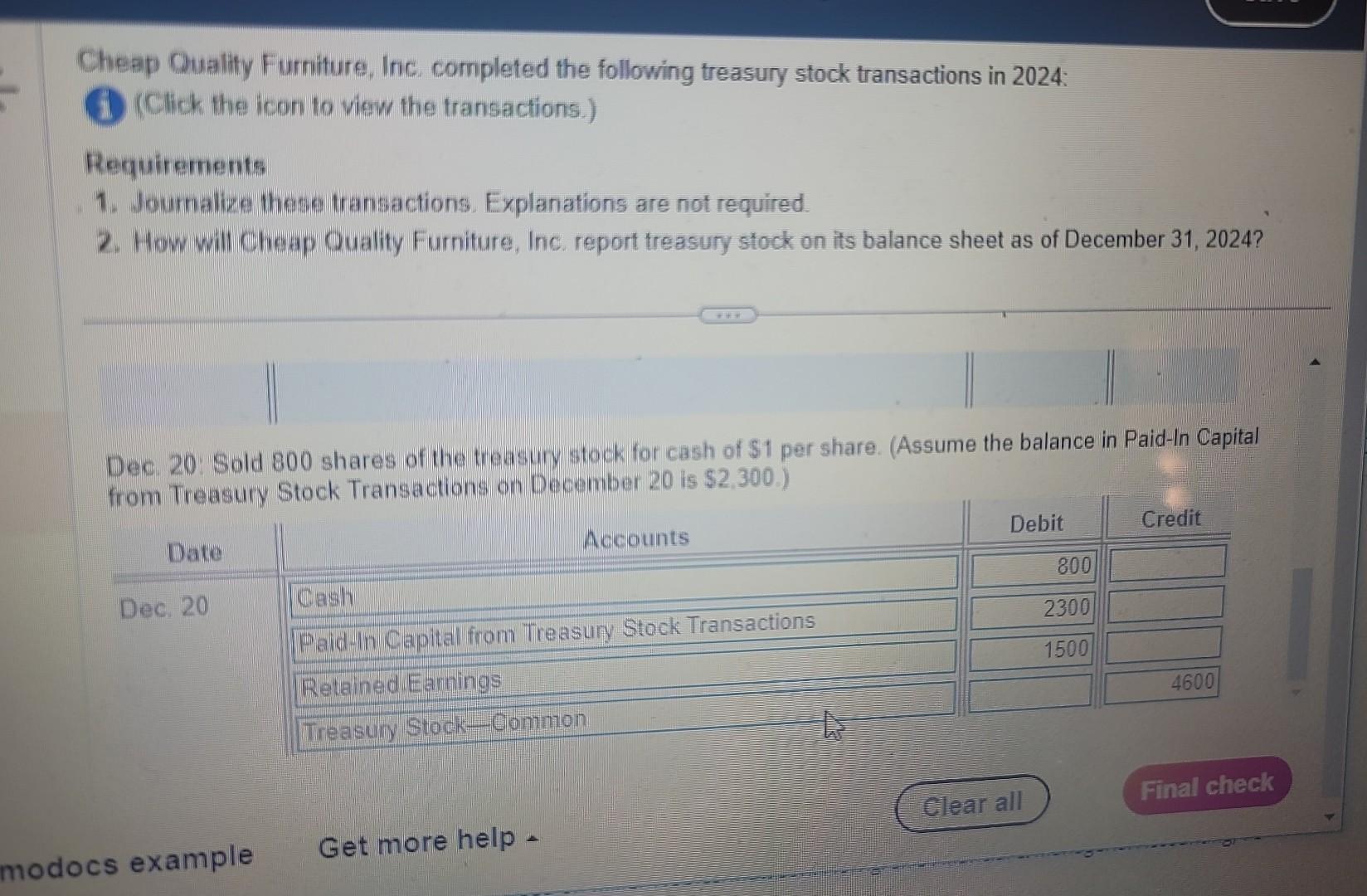 Solved Cheap Quality Furniture, Inc. completed the following