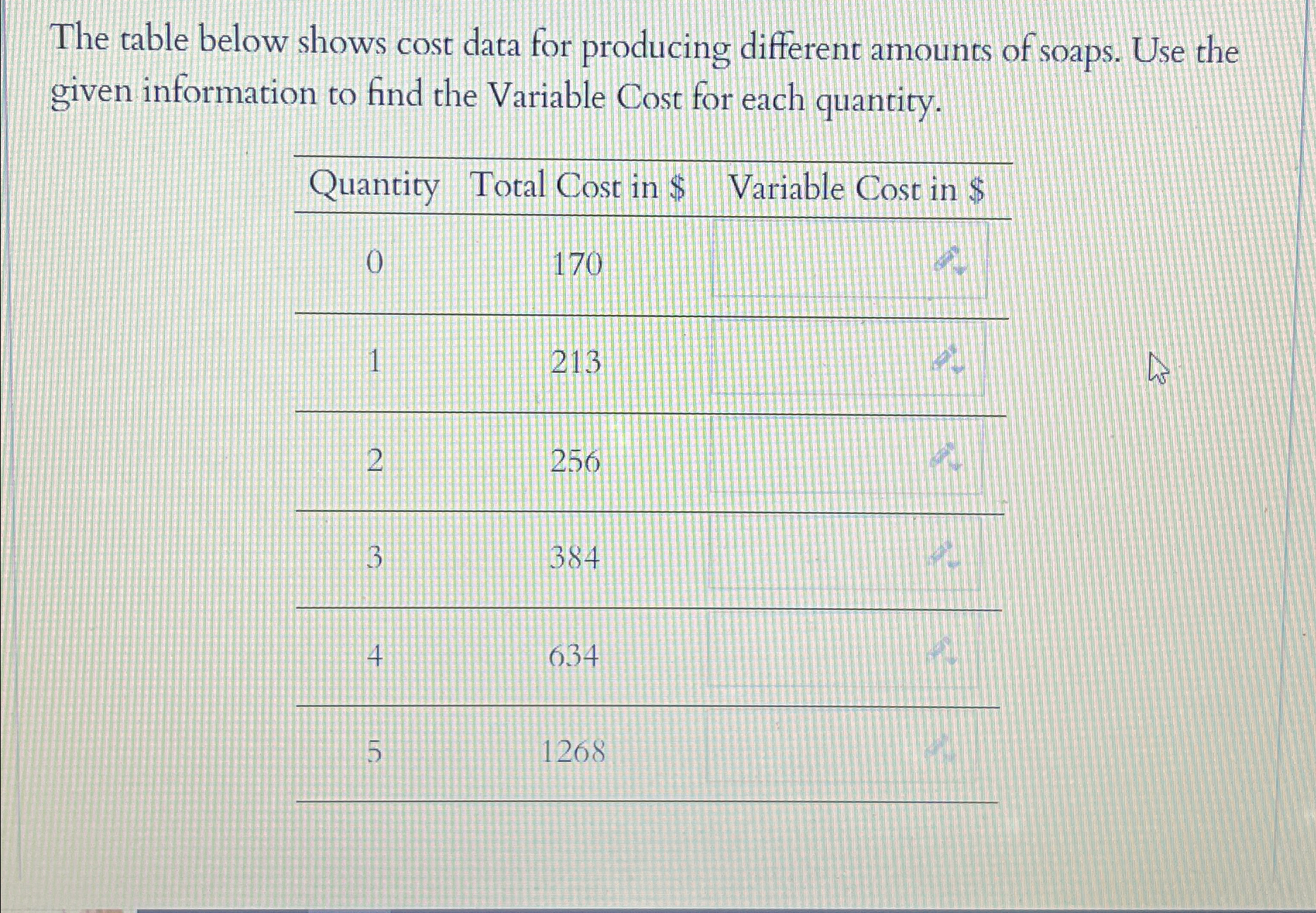 Solved The table below shows cost data for producing | Chegg.com