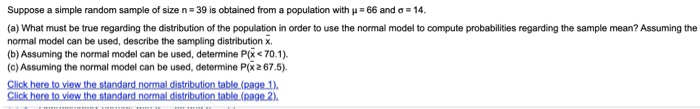 Solved Suppose a simple random sample of size n= 39 is | Chegg.com