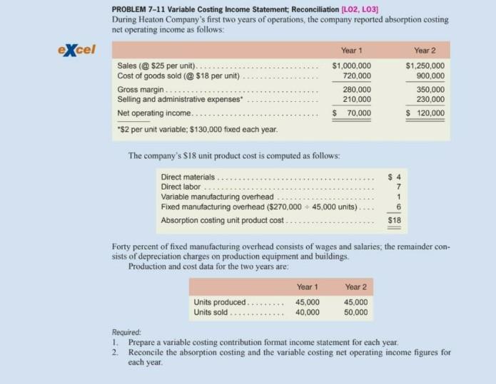Solved excel PROBLEM 7-11 Variable Costing Income Statement, | Chegg.com