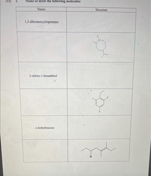 Solved (12) Name or draw the following molecules: Name | Chegg.com