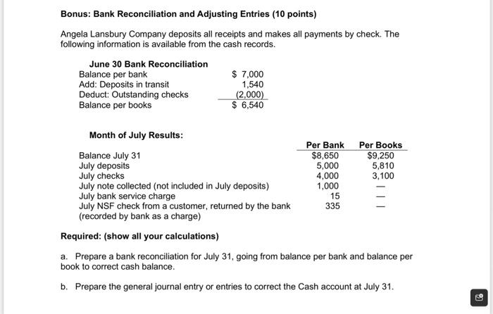 Solved Bonus: Bank Reconciliation and Adjusting Entries (10 | Chegg.com