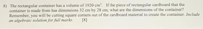Solved 8) The rectangular container has a volume of 1920 | Chegg.com