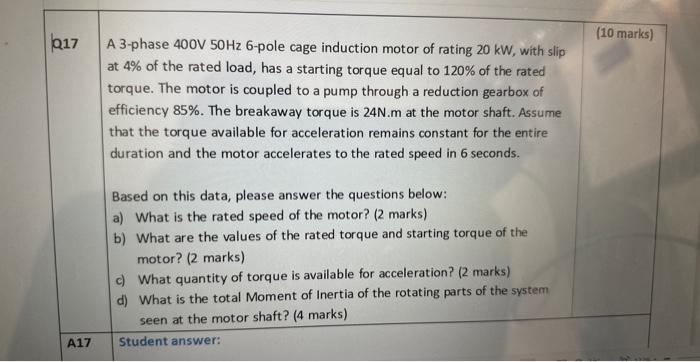 A 3-phase 400 V50 Hz 6-pole cage induction motor of | Chegg.com
