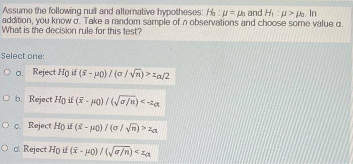 Solved Assume the following null and alternative hypotheses. | Chegg.com