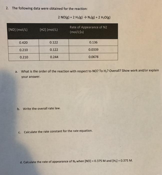 Solved 2. The following data were obtained for the reaction: | Chegg.com