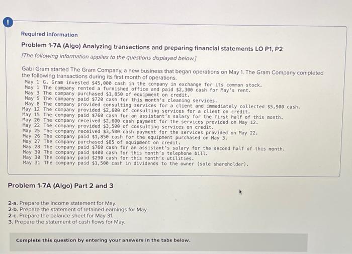 Solved Required information Problem 1-7A (Algo) Analyzing | Chegg.com