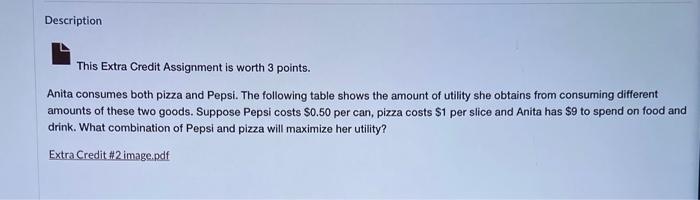 This Extra Credit Assignment is worth 3 points.
Anita consumes both pizza and Pepsi. The following table shows the amount of