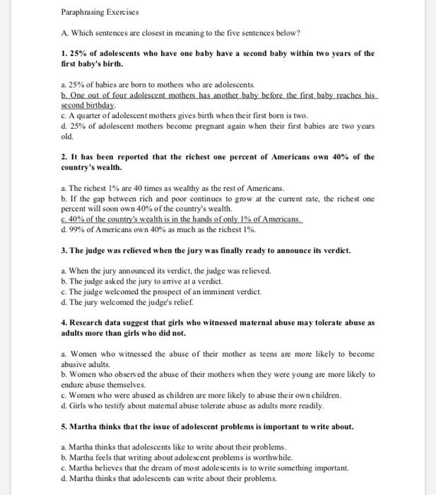 Paraphrasing Exercises A Which Sentences Are Closest Chegg