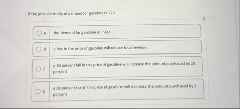 Solved If the price elasticity of demand for gasoline is | Chegg.com