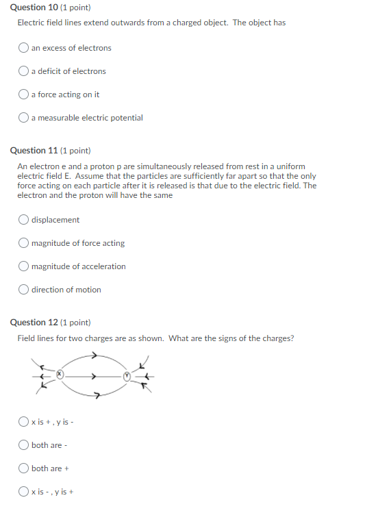 Solved Question 10 (1 point) Electric field lines extend | Chegg.com