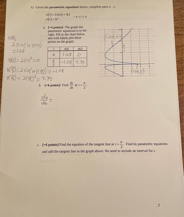 Solved 1) Given the parametric equations below, complete | Chegg.com