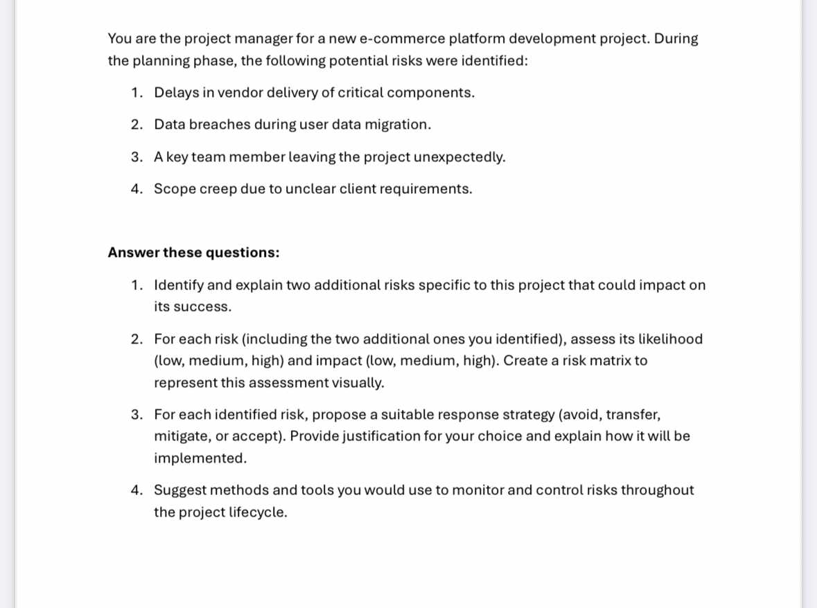 Solved You are the project manager for a new e-commerce | Chegg.com