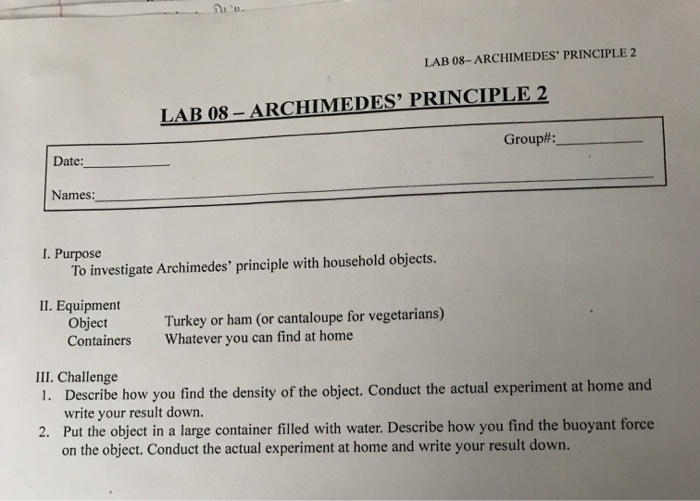 Solved: LAB 08-ARCHIMEDES' PRINCIPLE 2 LAB 08 - ARCHIMEDES... | Chegg.com