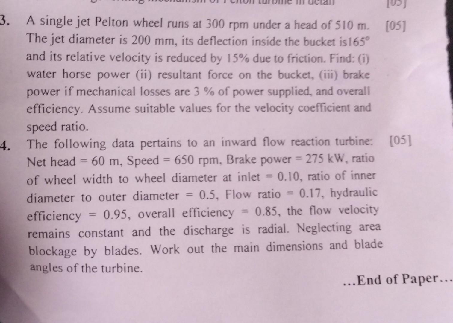 Solved A single jet Pelton wheel runs at 300rpm under a head