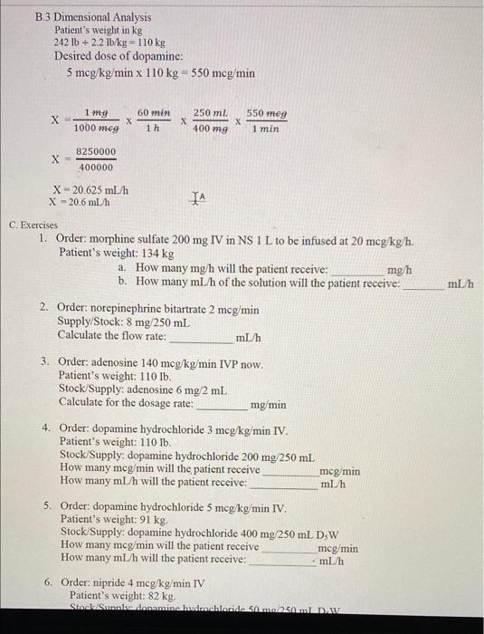 Solved B.3 Dimensional Analysis Patient's weight in kg 242