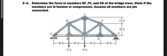 Solved -3. Determine the force in members GF,FC, and CD of | Chegg.com