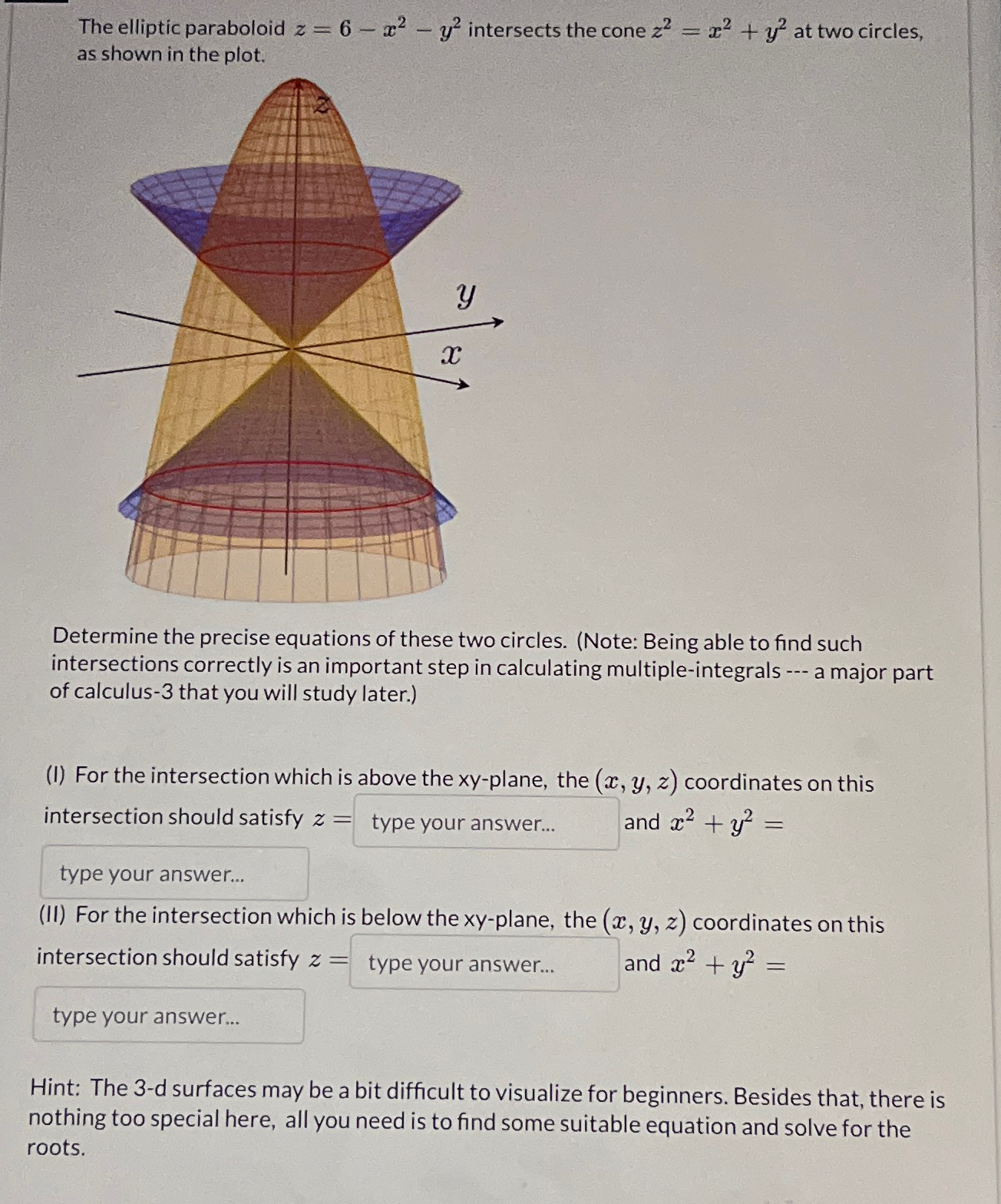 Solved The elliptic paraboloid z=6-x2-y2 ﻿intersects the | Chegg.com