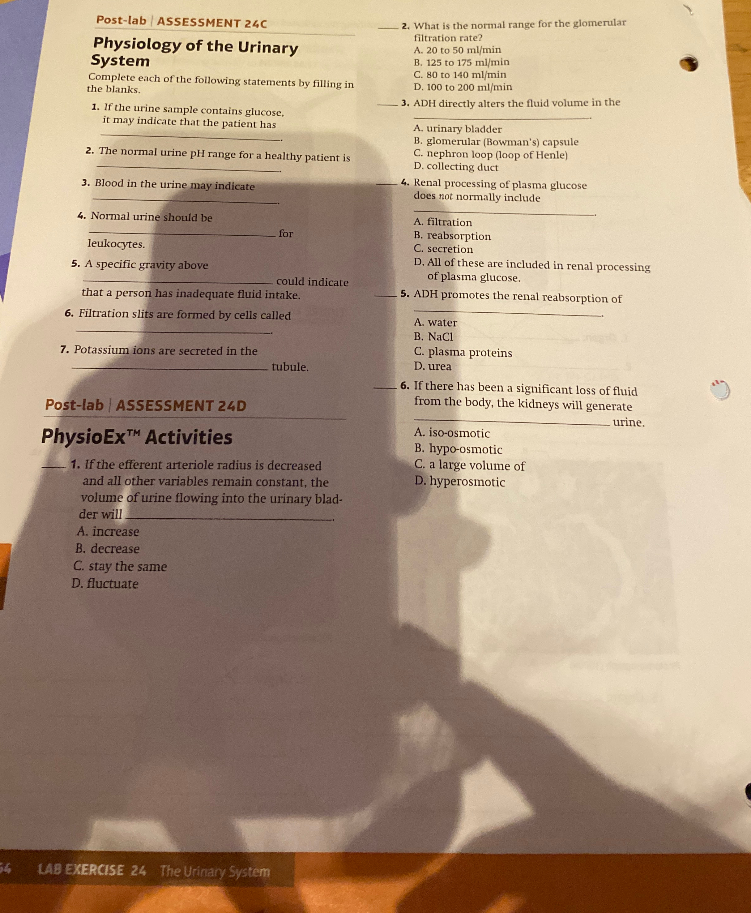 Solved Post-lab | ﻿ASSESSMENT 24 ﻿CPhysiology of the Urinary | Chegg.com