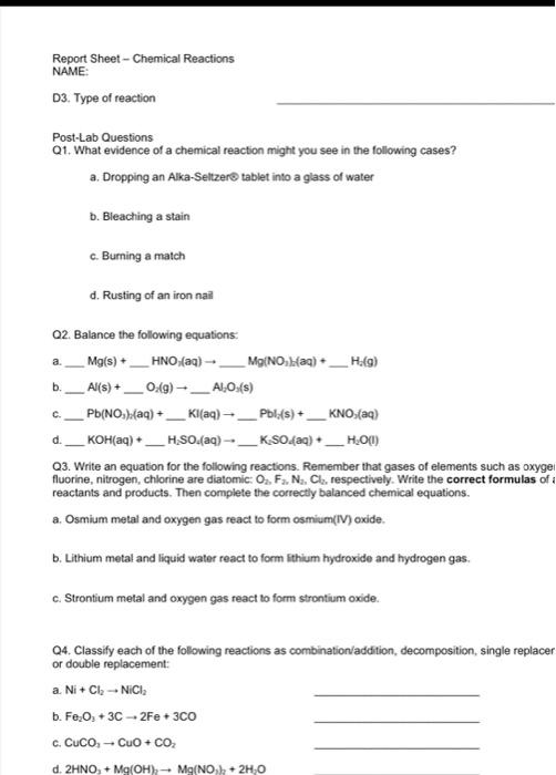 Solved Report Sheet - Chemical Reactions NAME: D3. Type of | Chegg.com