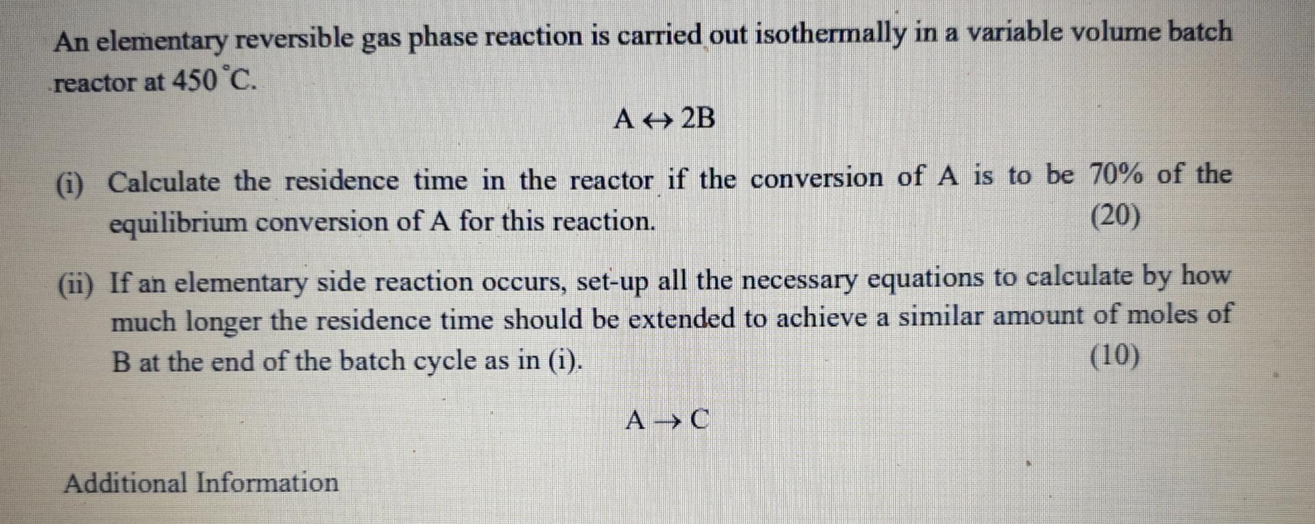 Solved An Elementary Reversible Gas Phase Reaction Is | Chegg.com