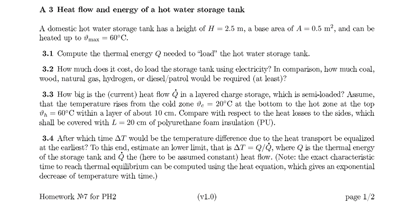 Solved A 3 Heat flow and energy of a hot water storage tank