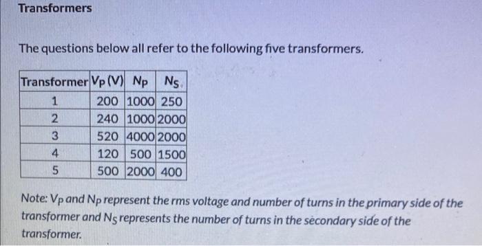 Solved Transformers The Questions Below All Refer To The | Chegg.com