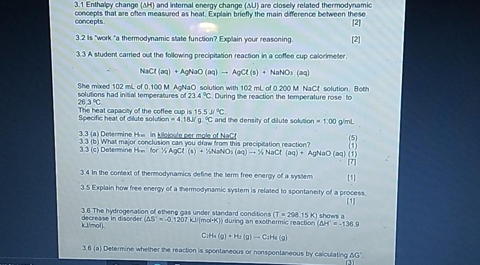 Solved 3.1 Enthalpy change (AH) and internal energy change | Chegg.com