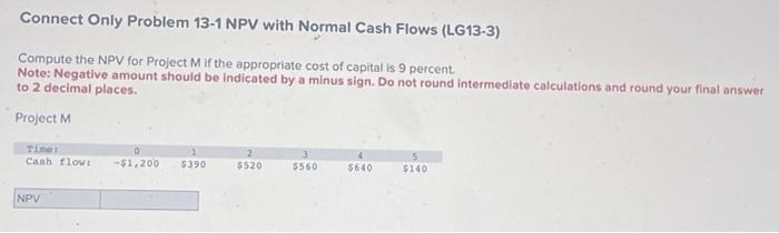 Solved Connect Only Problem 13-1 NPV With Normal Cash Flows | Chegg.com