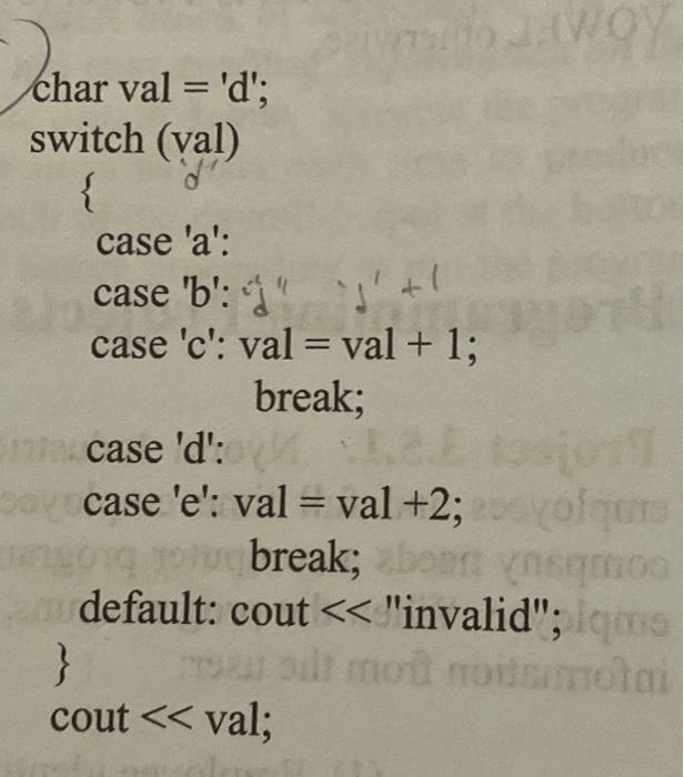Solved char val= 'd'; switch (val) { case 'a': case 'b': " | Chegg.com