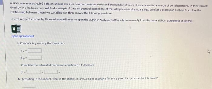 Solved A sales manager collected data on annual sales for | Chegg.com