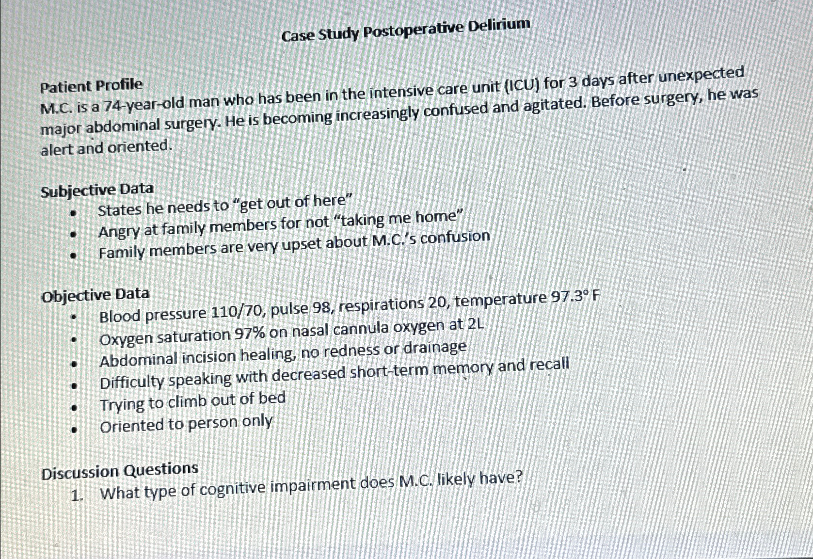 Solved Case Study Postoperative DeliriumPatient ProfileM.C. | Chegg.com