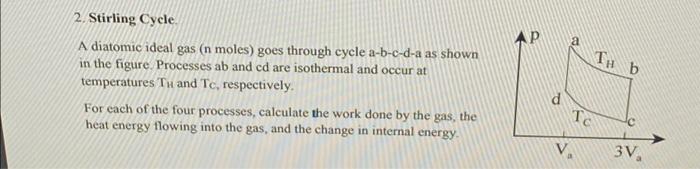 Solved 2. Stirling Cycle. A diatomic ideal gas (n moles) | Chegg.com