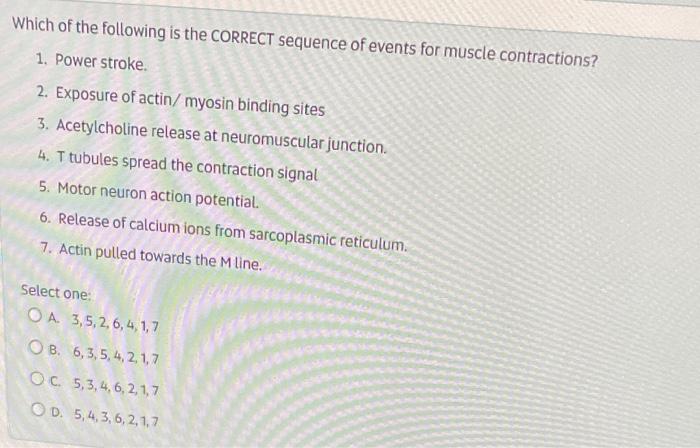 Which of the following is the CORRECT sequence of events for muscle contractions?
1. Power stroke.
2. Exposure of actin/ myos