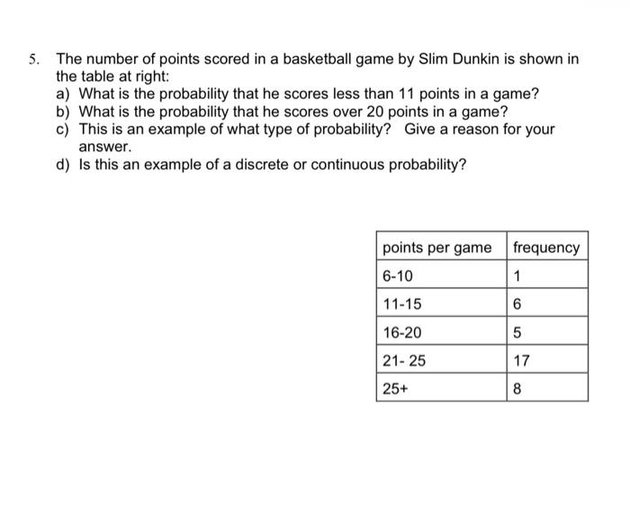 Solved 5. The number of points scored in a basketball game