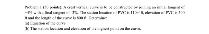 Solved Problem 1 (30 points): A crest vertical curve is to | Chegg.com